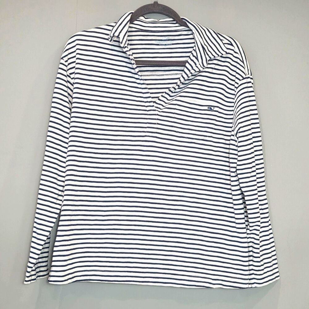 Vineyard Vines Long Sleeve Top MD Blue White Stripe Preppy Cabincore Fisherman